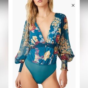 Free People Floral Teal Bodysuit